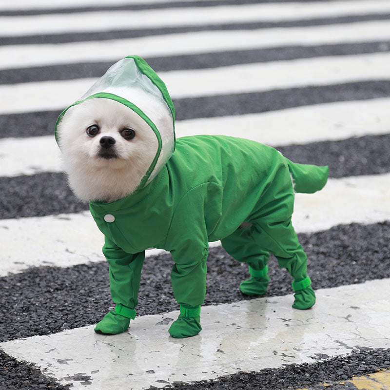 S Green Waterproof Full-Cover Pet Raincoat with Hood and Booties