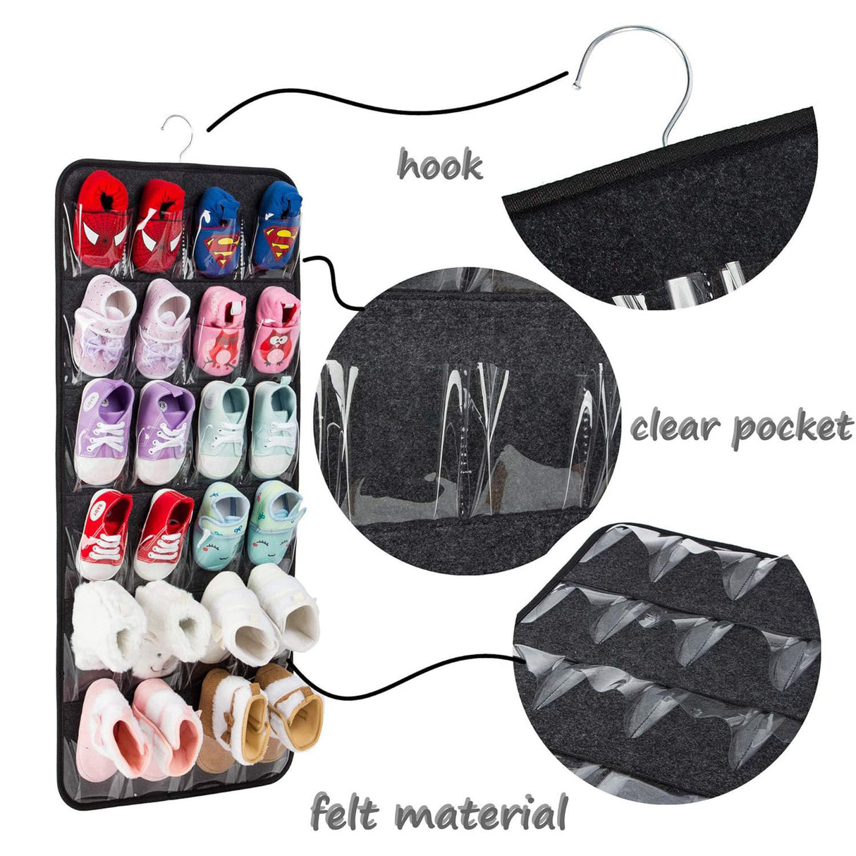 Dark Grey Hanging Felt Shoe Organizer with 24 Clear Pockets - Anti-Rust Metal Hanger Included, Perfect for Shoes, Toys, and Accessories