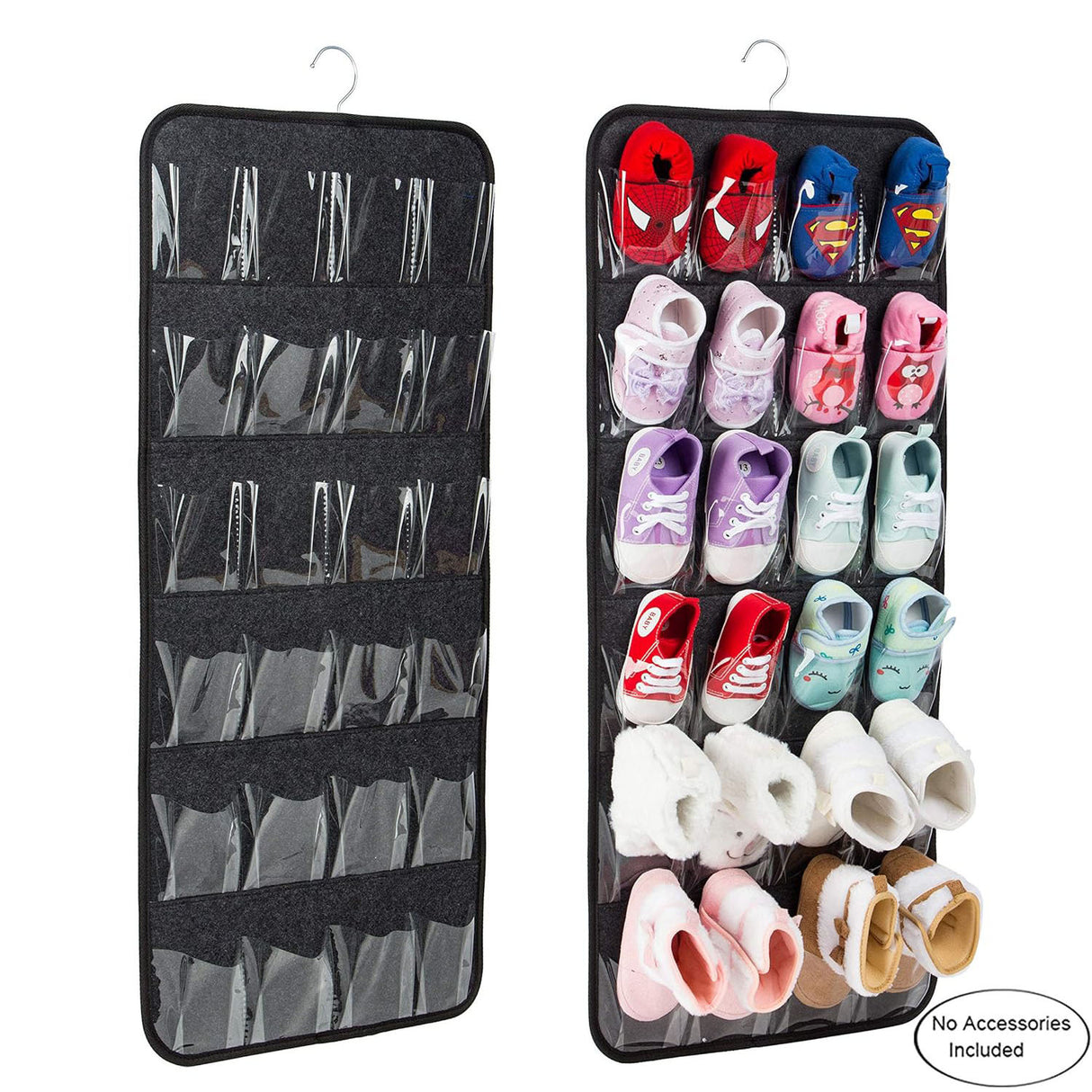 Grey Hanging Felt Shoe Organizer with 24 Clear Pockets - Anti-Rust Metal Hanger Included, Perfect for Shoes, Toys, and Accessories