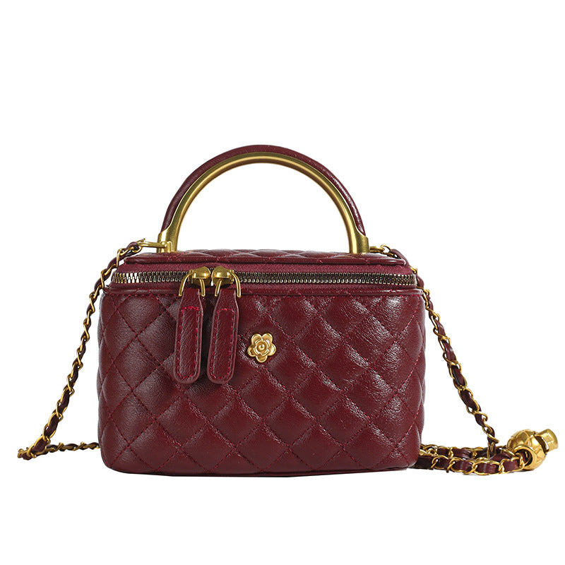 Wine Red Luxury Quilted Mini Box Handbag with Chain Strap and Metal Handle - Elegant Evening Purse