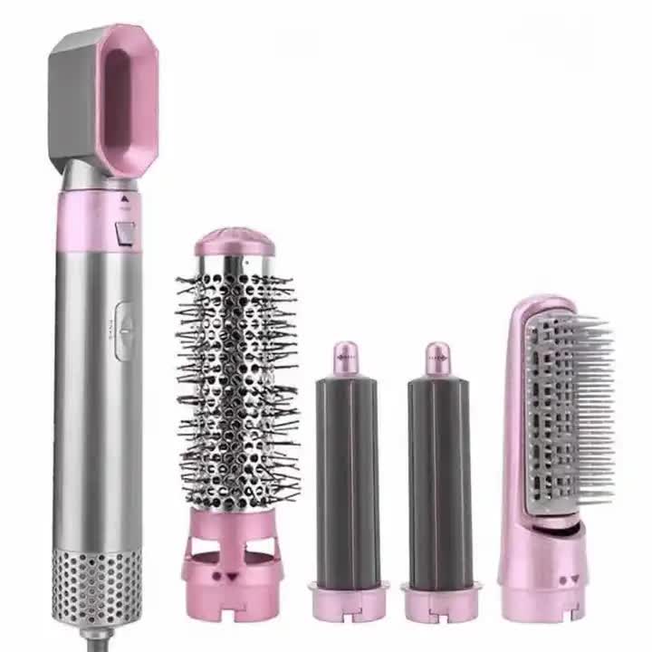 Pink 5-in-1 Hot Air Blow Dryer Brush, Automatic Curling Iron, Straightener & Volumizing Brush - Multi-Function Hair Styling Tool