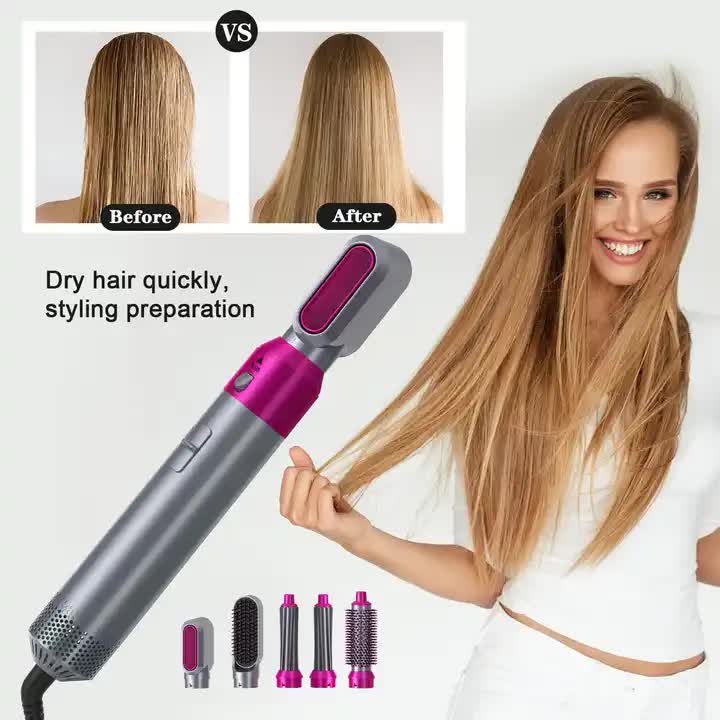 Pink 5-in-1 Hot Air Blow Dryer Brush, Automatic Curling Iron, Straightener & Volumizing Brush - Multi-Function Hair Styling Tool