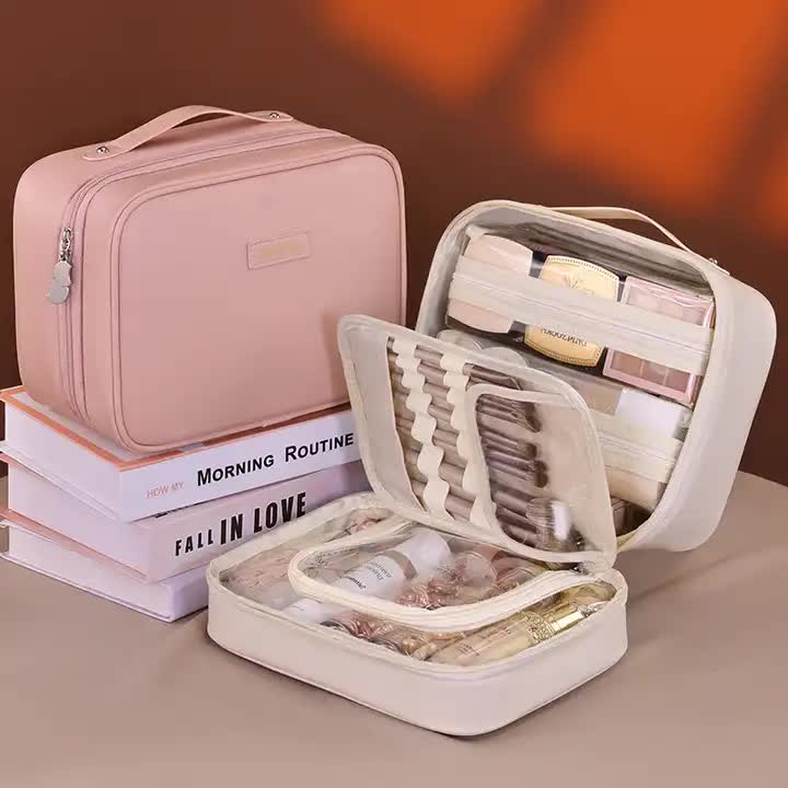 Pink 5-in-1 Multi-Function PU Makeup Organizer – Large Capacity Cosmetic Storage Bag with Dividers, Portable and Premium Quality