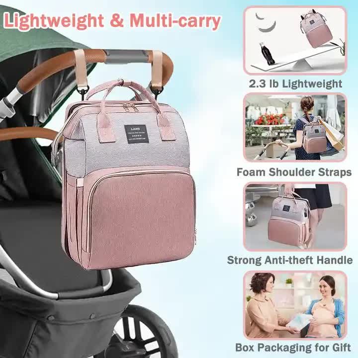 Black Portable Mommy Bag with Baby Crib – Multi-Function Baby Diaper Backpack, Lightweight and Large Capacity for Moms