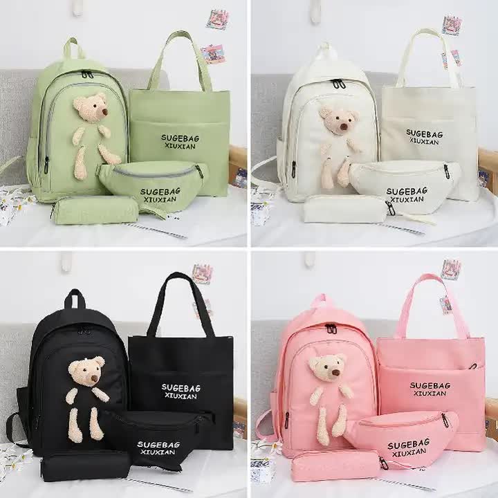 Green Cute Little Bear Girls' Backpack Set - Korean Style Large Capacity School Bag for High School & Middle School Students, 4-Piece Set