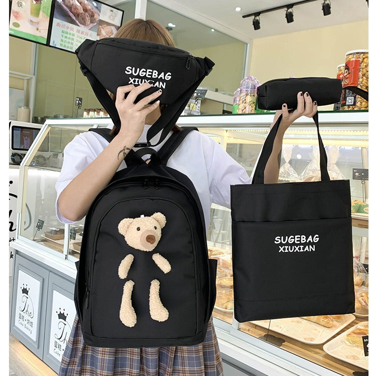 Black Cute Little Bear Girls' Backpack Set - Korean Style Large Capacity School Bag for High School & Middle School Students, 4-Piece Set