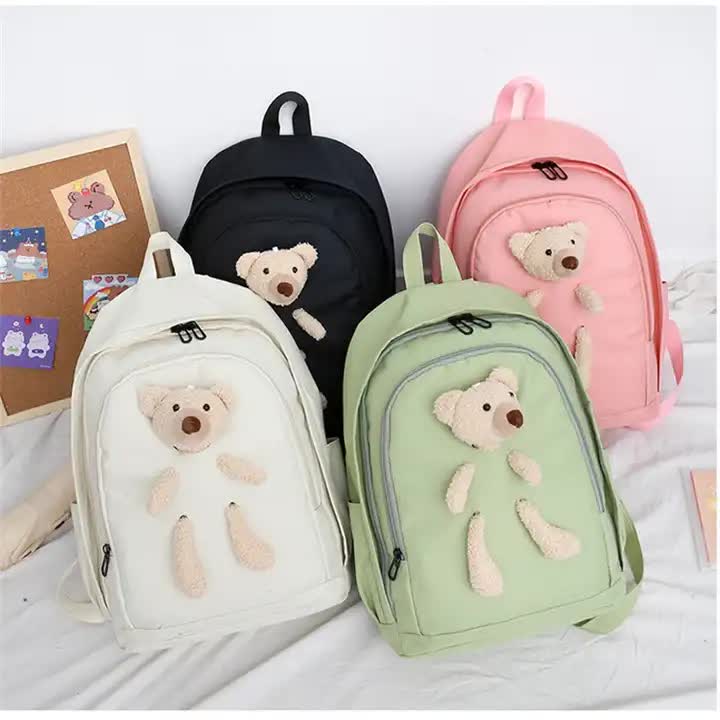 Black Cute Little Bear Girls' Backpack Set - Korean Style Large Capacity School Bag for High School & Middle School Students, 4-Piece Set