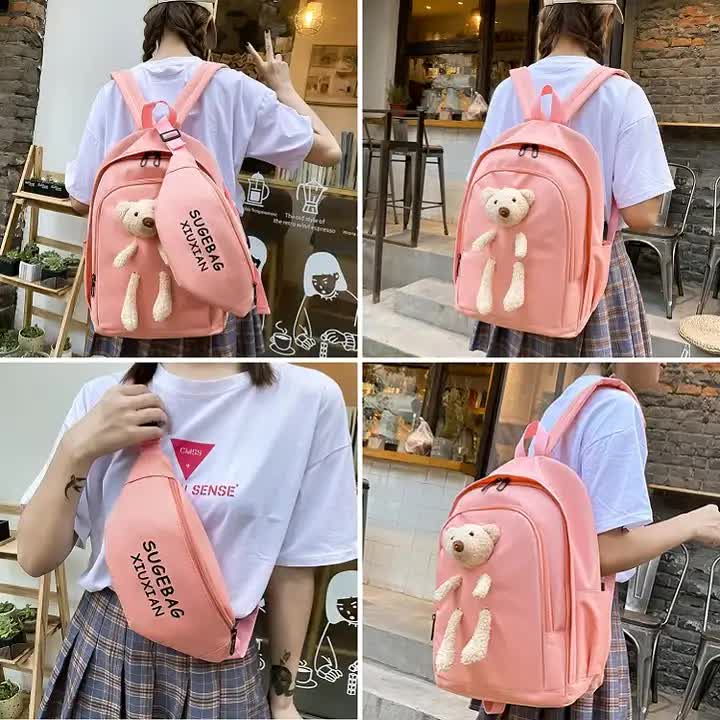 White Cute Little Bear Girls' Backpack Set - Korean Style Large Capacity School Bag for High School & Middle School Students, 4-Piece Set