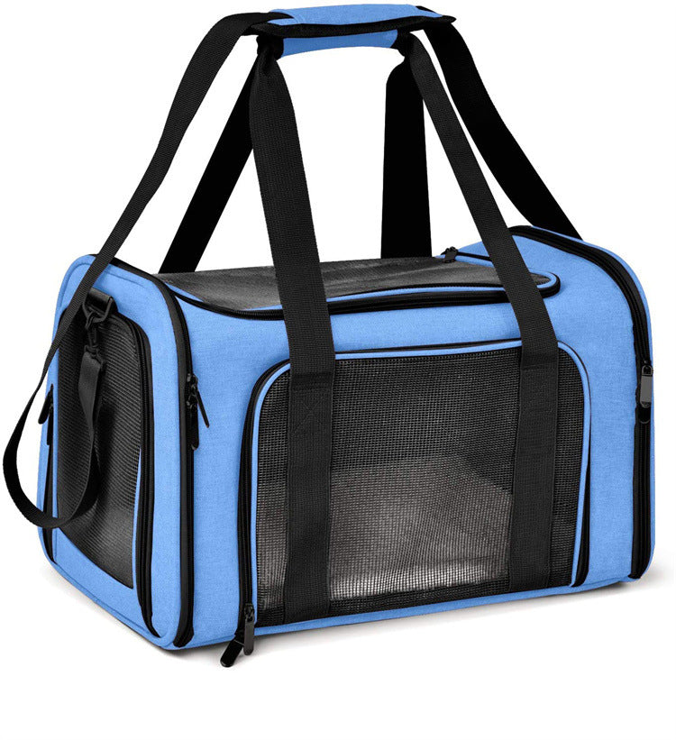 L Blue Portable Foldable Pet Carrier Bag - Large Capacity Travel Carrier for 2 Small Pets, Comfortable and Stylish Cat Backpack, Foldable & Easy to Carry