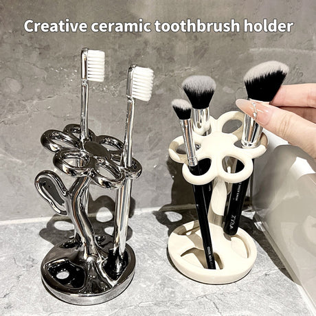 Black Creative Ceramic Toothbrush Holder - Makeup Brush & Eyebrow Pencil Organizer for Bathroom, Stylish and Practical Toothbrush Stand