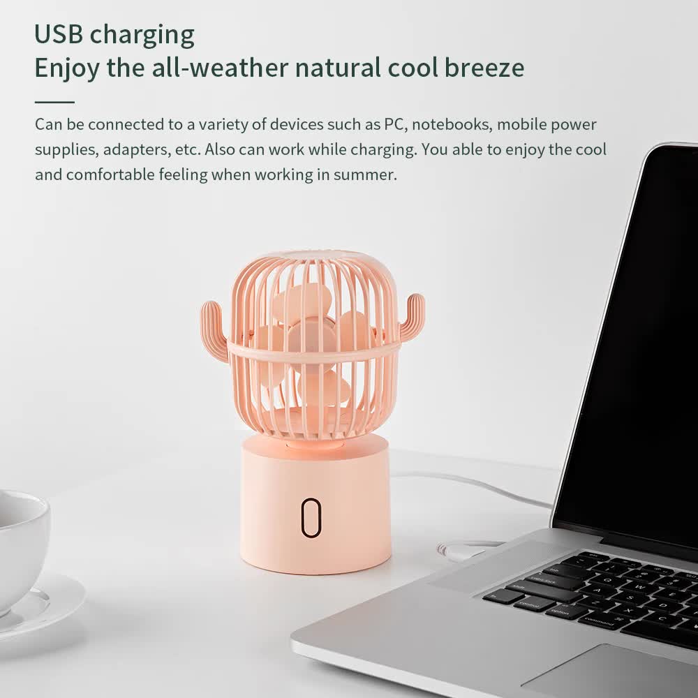 White Cactus-Shaped USB Rechargeable Fan - Creative Desktop Fan for Home & Office with Adjustable Head for Cooling on the Go