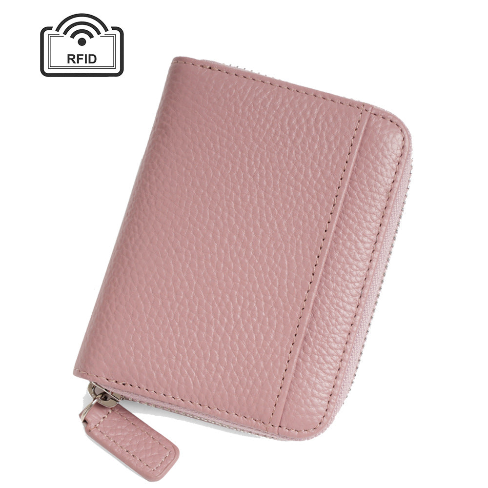 Pink Genuine Leather Women’s Wallet – Short Accordion Card Holder with RFID Protection, Zippered Coin Purse in Cowhide Leather, Japanese Style