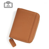 Brown Genuine Leather Women’s Wallet – Short Accordion Card Holder with RFID Protection, Zippered Coin Purse in Cowhide Leather, Japanese Style