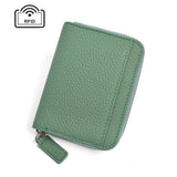 Green Genuine Leather Women’s Wallet – Short Accordion Card Holder with RFID Protection, Zippered Coin Purse in Cowhide Leather, Japanese Style