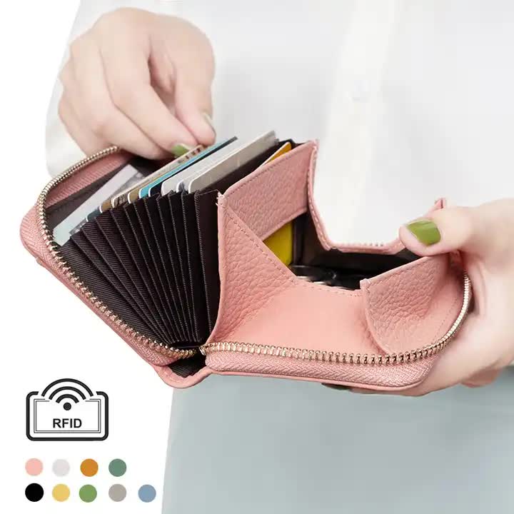 Green Genuine Leather Women’s Wallet – Short Accordion Card Holder with RFID Protection, Zippered Coin Purse in Cowhide Leather, Japanese Style