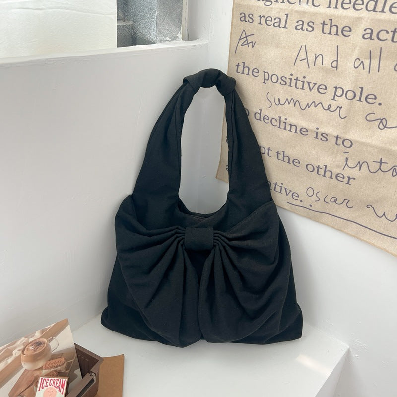 Black Women's Bowknot Shoulder Bag - New Sweet Style, Large Capacity Canvas Tote Bag, Commuter Single Shoulder Handbag