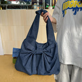 Dark Blue Women's Bowknot Shoulder Bag - New Sweet Style, Large Capacity Canvas Tote Bag, Commuter Single Shoulder Handbag