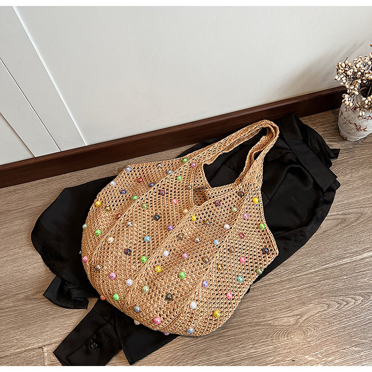 Brown Summer Woven Handbag - Hollow Straw Beach Tote with Colorful Beads, Lazy Style, Large Capacity Shoulder Bag for Vacation