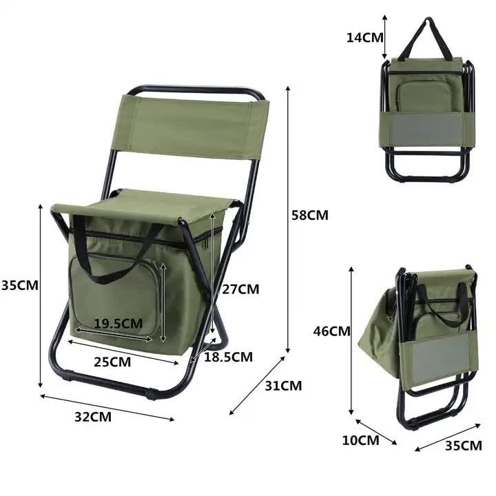 Black Portable 3-in-1 Folding Camping Chair with Storage Bag, Backrest, and Insulated Cooler for Outdoor Fishing, Hiking, and Picnics