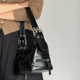 Black Trendy Punk Shoulder Bag, Small Retro Handbag with Sweet Cool Aesthetic, Versatile Underarm Bag