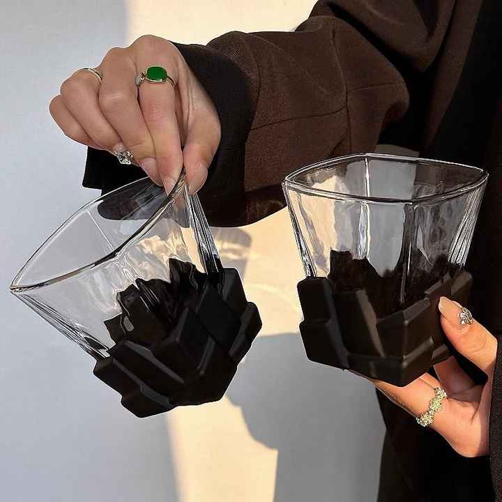 4 Pcs Black Frosted Ice Cube Glass - Creative Whiskey Glass, Premium Textured Tumbler, 300ml Capacity for Home Bars