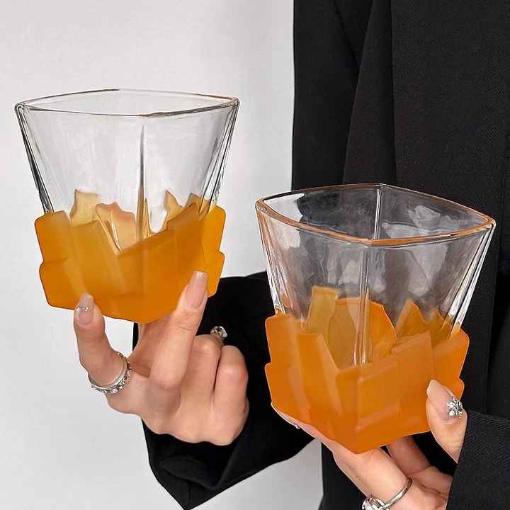 4 Pcs Orange Frosted Ice Cube Glass - Creative Whiskey Glass, Premium Textured Tumbler, 300ml Capacity for Home Bars