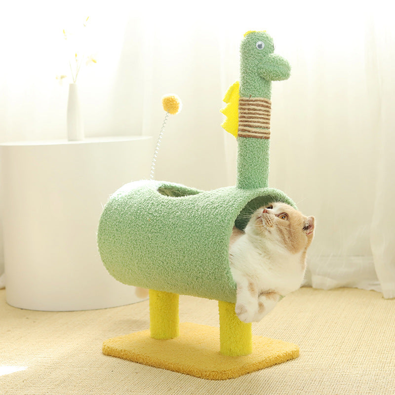 Green Dinosaur-Theme Cat Tree with Tunnel - Multi-Functional Cat Scratching Post and Playhouse