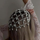 Silver Bohemian Pearl Net Headband – Vintage Mesh Hair Accessory for Women | Elegant Faux Pearl Bridal Hairpiece