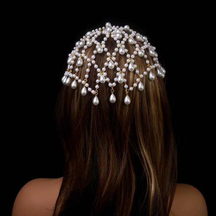 Gold Bohemian Pearl Net Headband - Vintage Mesh Hair Accessory for Women | Elegant Faux Pearl Bridal Hairpiece