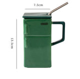 Green Creative Retro Refrigerator Ceramic Mug with Lid and Straw – 550ml Coffee Cup – Unique Gift for Couples or Office Use