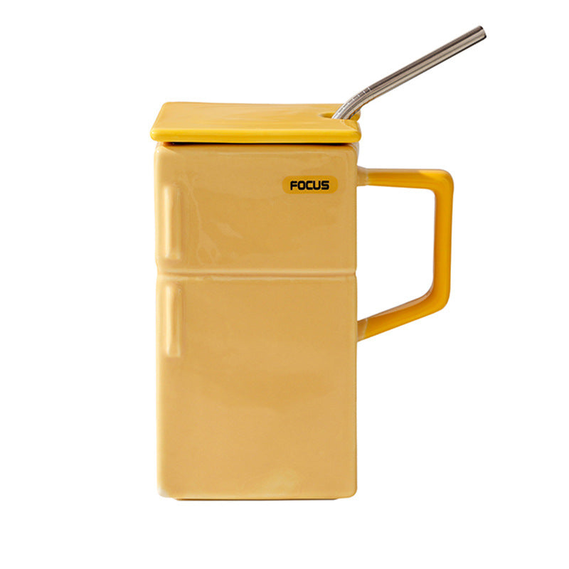 Yellow Creative Retro Refrigerator Ceramic Mug with Lid and Straw - 550ml Coffee Cup - Unique Gift for Couples or Office Use