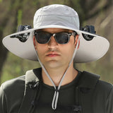 Light Gray Solar-Powered Cooling Wide Brim Hat - USB Rechargeable Dual Fan Fisherman Cap - UPF50+ Sun Protection and Quick-Dry Design for Men and Women