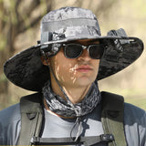 Gray Camouflage Solar-Powered Cooling Wide Brim Hat - USB Rechargeable Dual Fan Fisherman Cap - UPF50+ Sun Protection and Quick-Dry Design for Men and Women