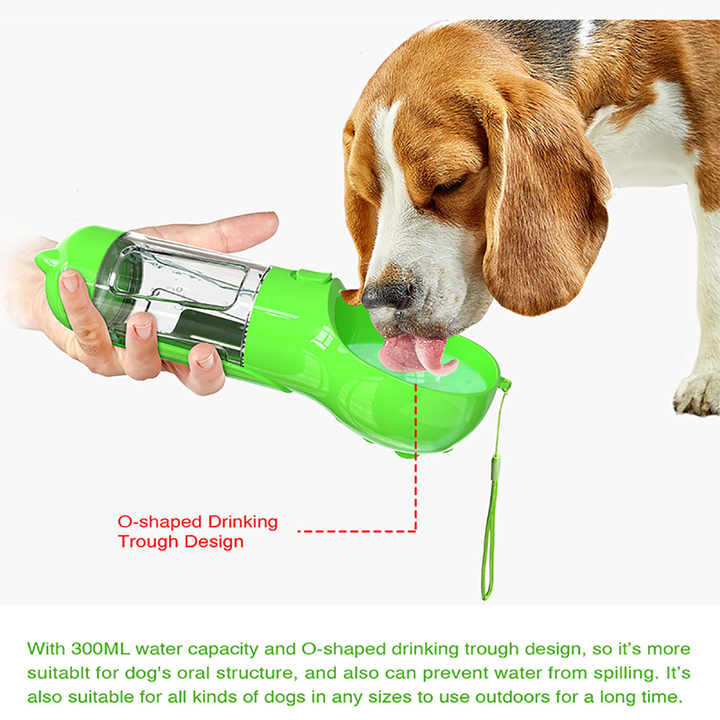 Green Portable Pet Water Bottle with Waste Bag Dispenser - 300ml Leak-Proof Travel Hydration Solution