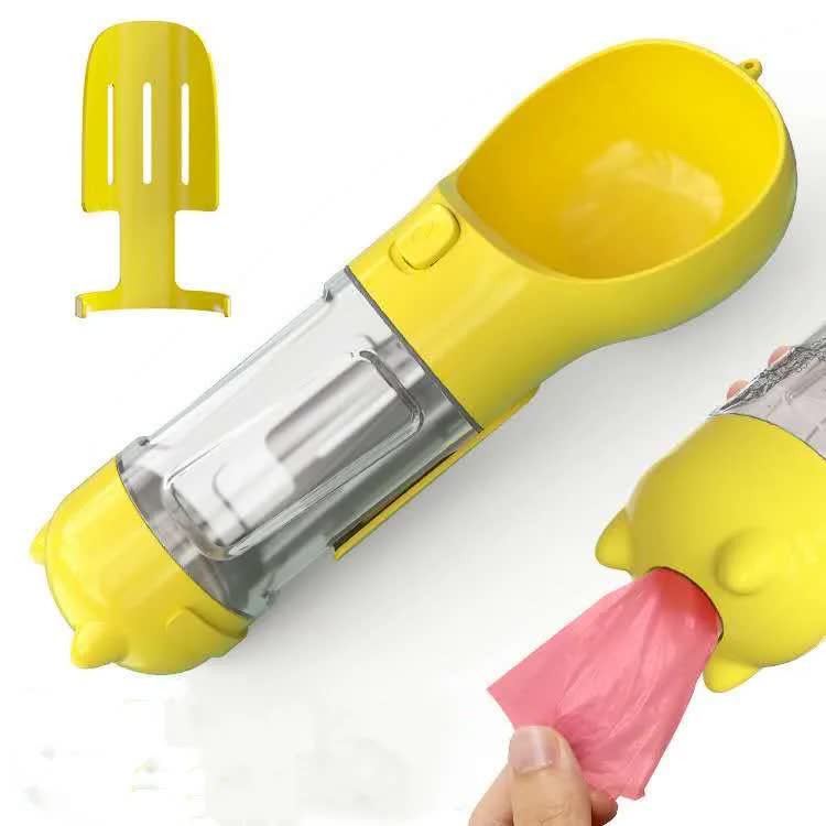 Yellow Portable Pet Water Bottle with Waste Bag Dispenser - 300ml Leak-Proof Travel Hydration Solution