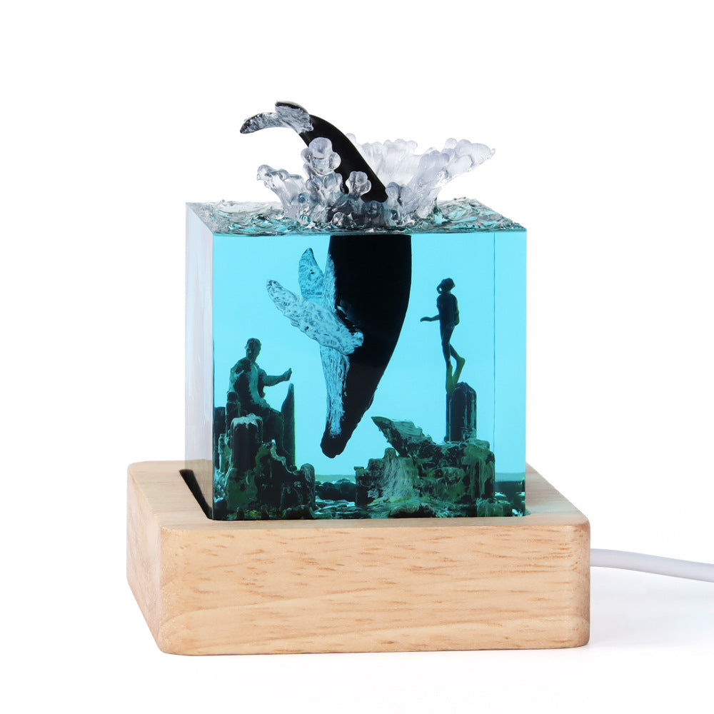 Blue Ancient Architecture Humpback Whale in the Water Handcrafted Ocean Resin Whale Night Light - Unique Home Decor Table Lamp