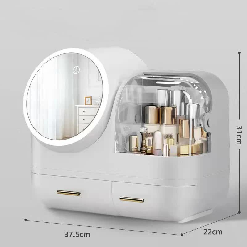 Ivory  White LED Vanity Makeup Organizer with Partition Storage and Touch-Control Mirror - Large Capacity Cosmetic Box