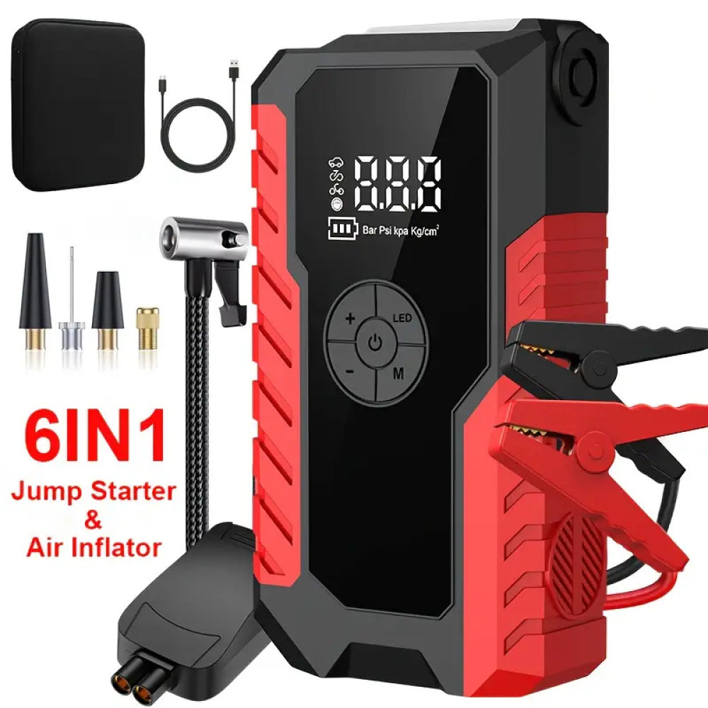 GL901  6-in-1 Portable Jump Starter and Air Inflator with LED Display - Multi-Function Emergency Power Pack