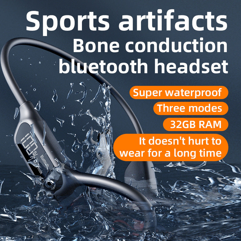 Black Waterproof Bone Conduction Bluetooth Headset - 32GB Memory, Lightweight & Durable for Sports