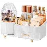 White Rotating Makeup Organizer Box - Multi-Compartment Cosmetic Storage with Dustproof Cover