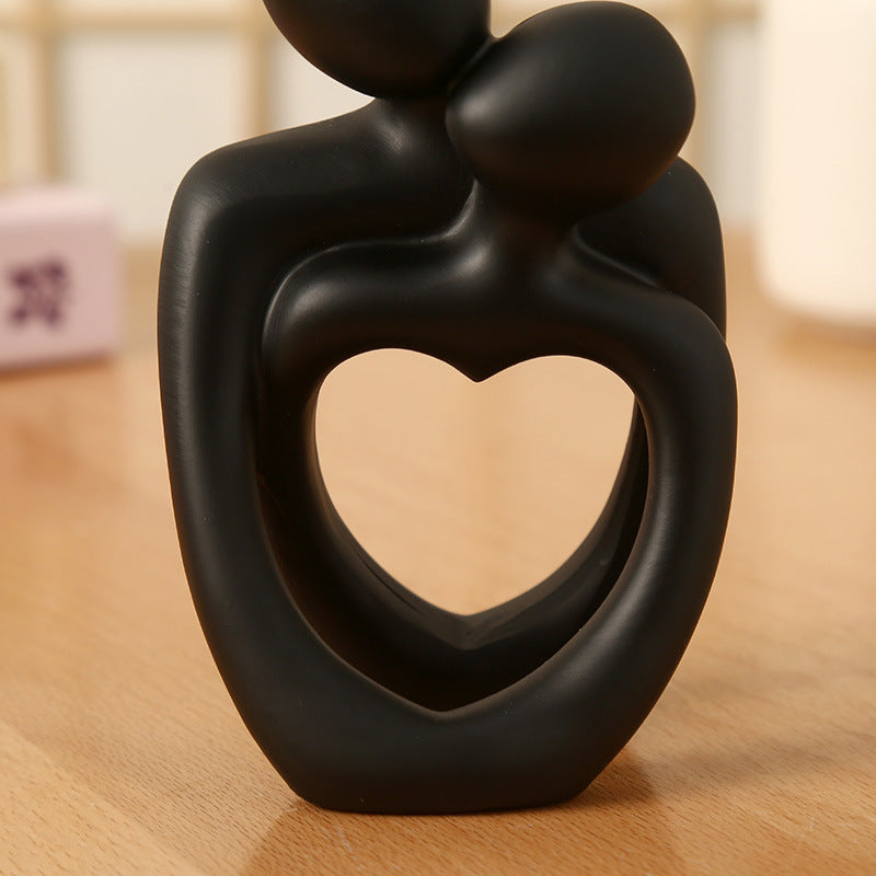 Black Romantic Couple Figurine with Heart Design - Modern Minimalist Decorative Statue