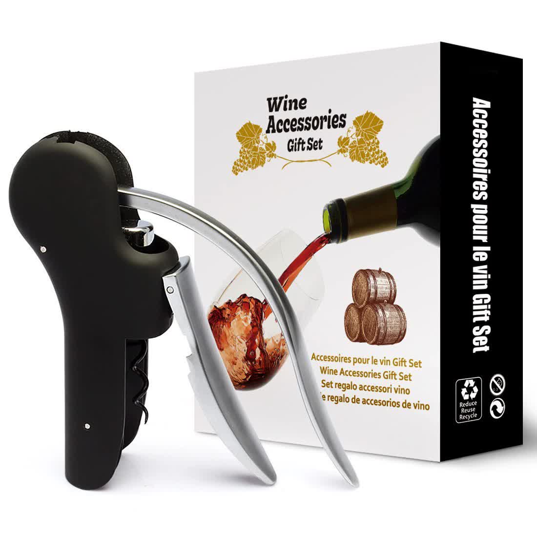 Black Ergonomic Lever-Action Corkscrew Wine Opener with Foil Cutter