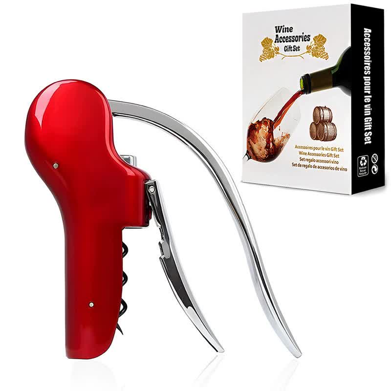 Red Ergonomic Lever-Action Corkscrew Wine Opener with Foil Cutter