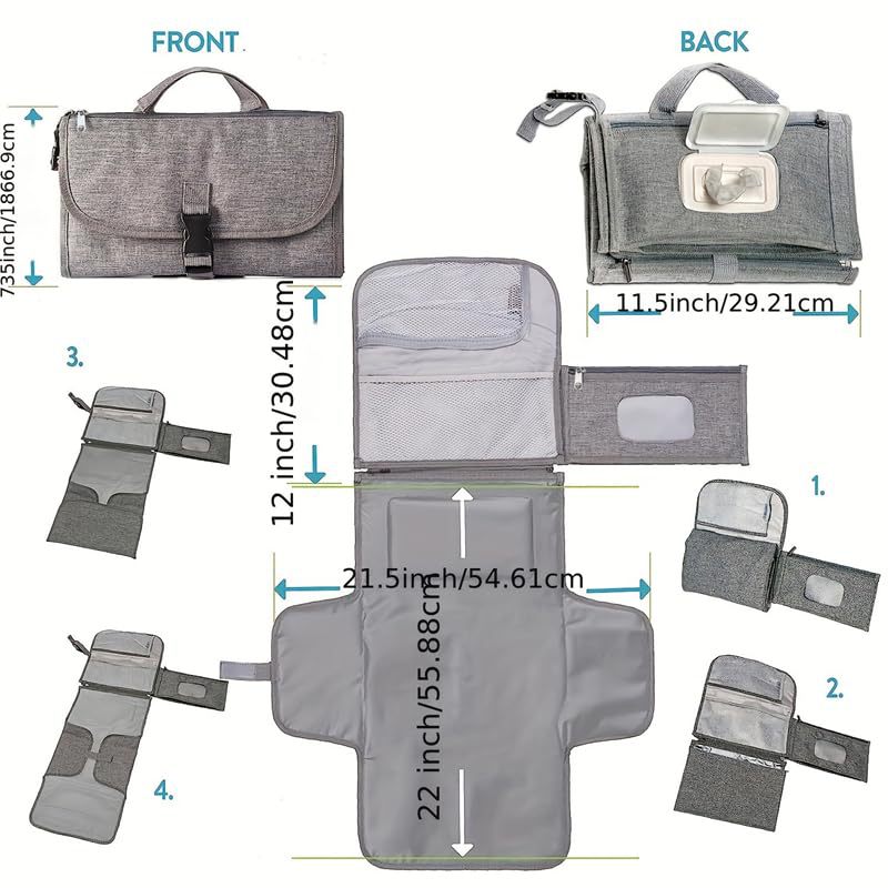 Grey Portable Baby Diaper Changing Pad with Storage Pockets - Travel Essentials for Parents