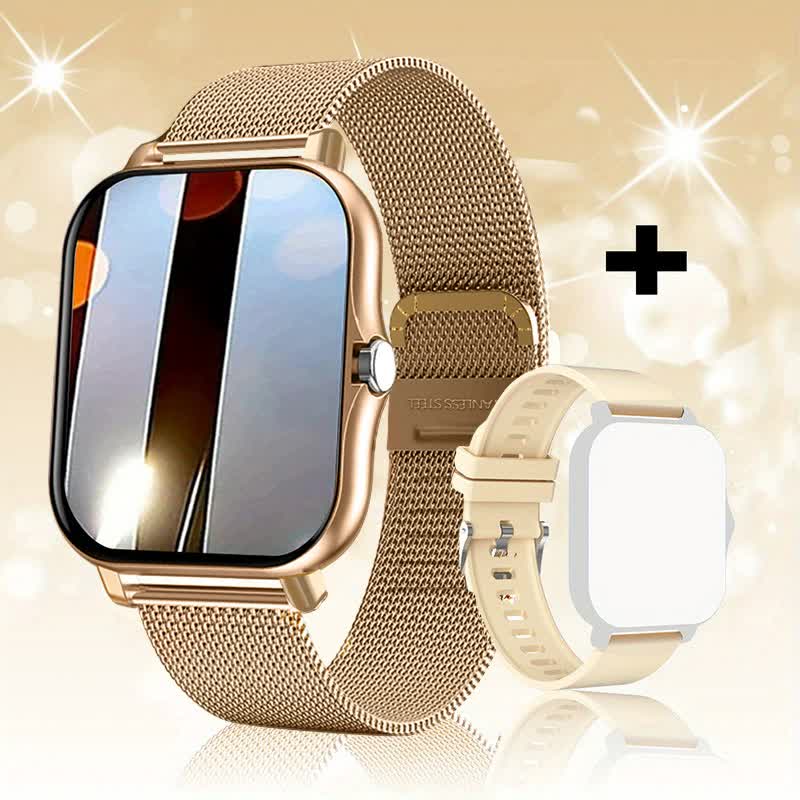 Steel Bracelet With Silicone Strap Gold Smart Fitness Watch with Large Display - 24 Sport Modes, Heart Rate Monitor & More