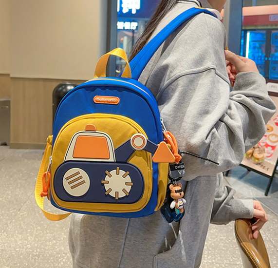 Blue-yellow Kids' Cartoon Backpack - Adorable Excavator Design with Spacious Compartments