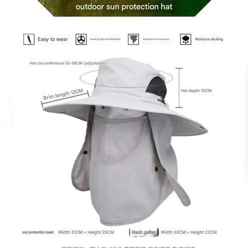 Dark Grey Outdoor Sun Protection Hat with Detachable Face and Neck Flap - UPF 50+