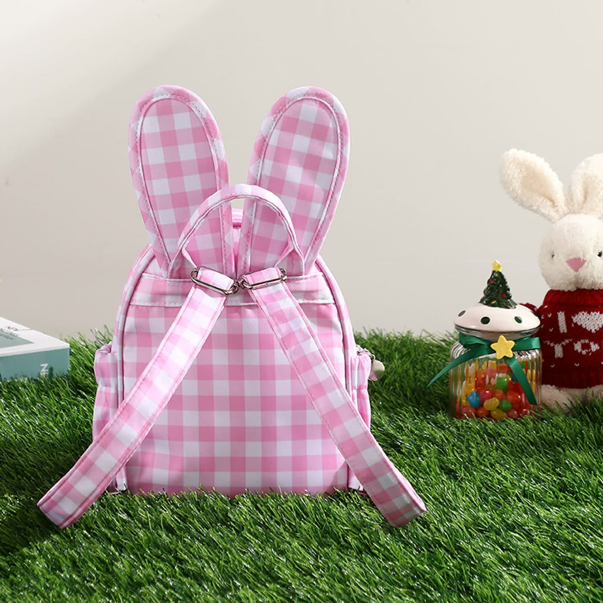 Green Kids Bunny Ear Gingham Backpack - Cute Mini Bag for Girls