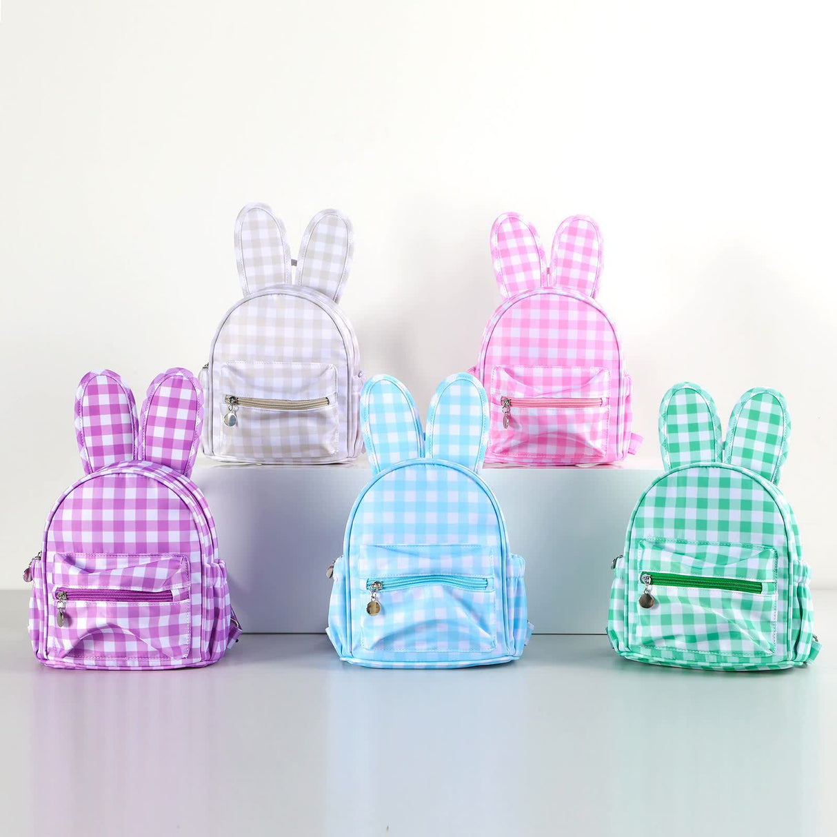 Green Kids Bunny Ear Gingham Backpack - Cute Mini Bag for Girls