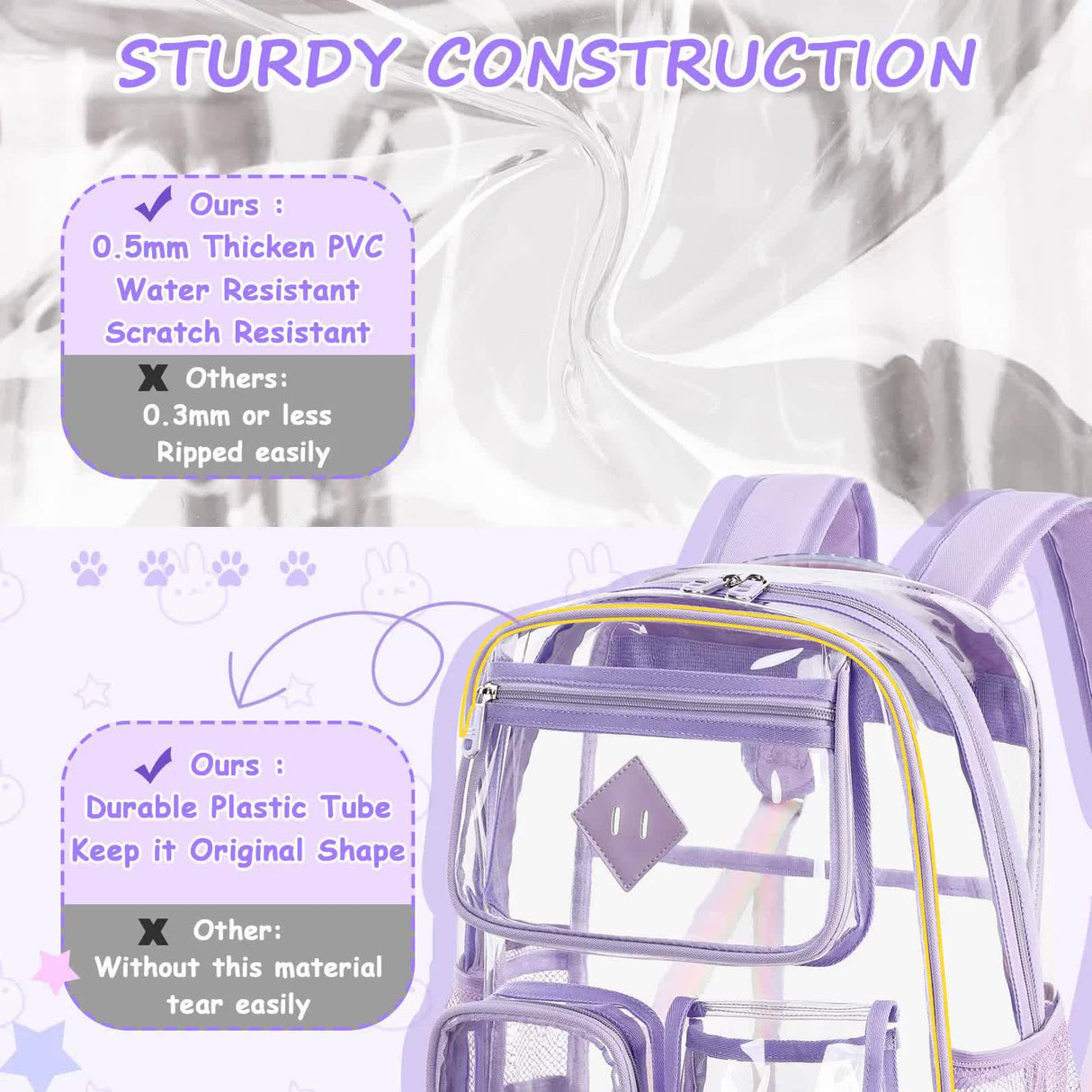 Purple Clear Transparent Backpack - Stylish PVC School Bag with Multiple Pockets